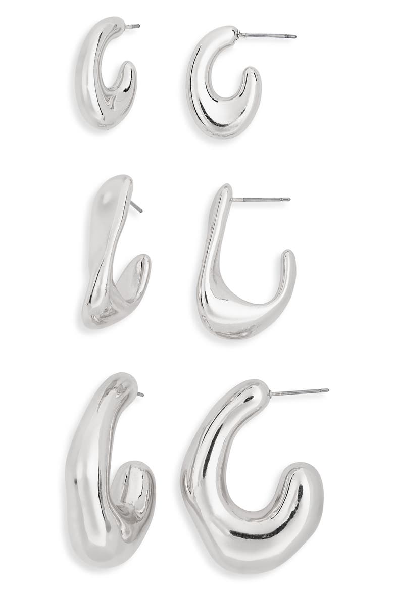 Set of 3 Twirl Hoop Earrings, Main, color, SILVER