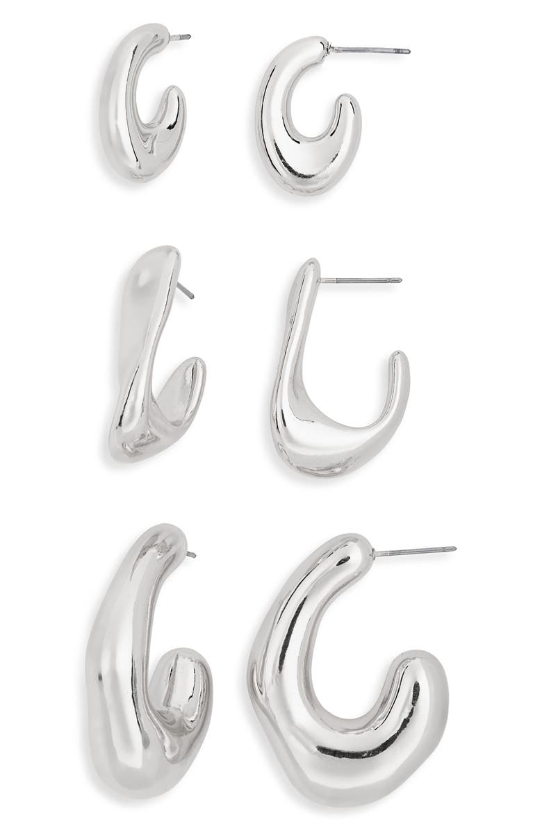 Tasha Set of 3 Twirl Hoop Earrings, Main, color, Silver
