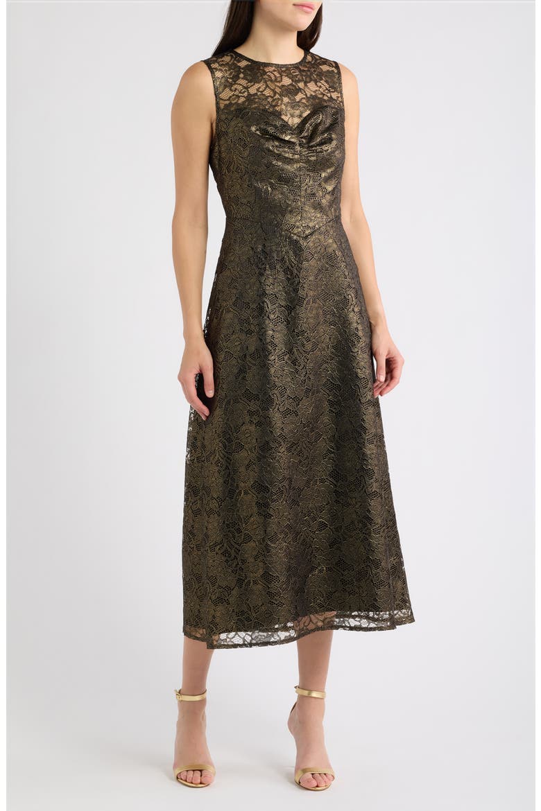 Shirred Fit & Flare Midi Dress, Main, color, GOLD
