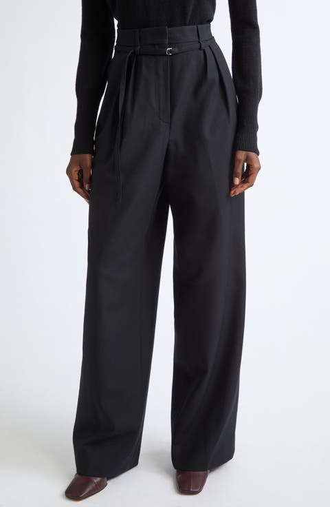 Peacha Belted Pleated High Waist Wide Leg Wool Pants