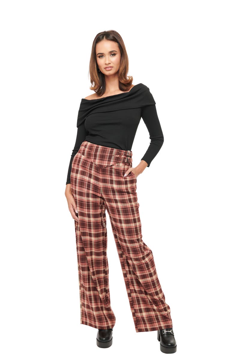 Unique Vintage Double Belt Woven Pants, Main, color, Burgundy Plaid