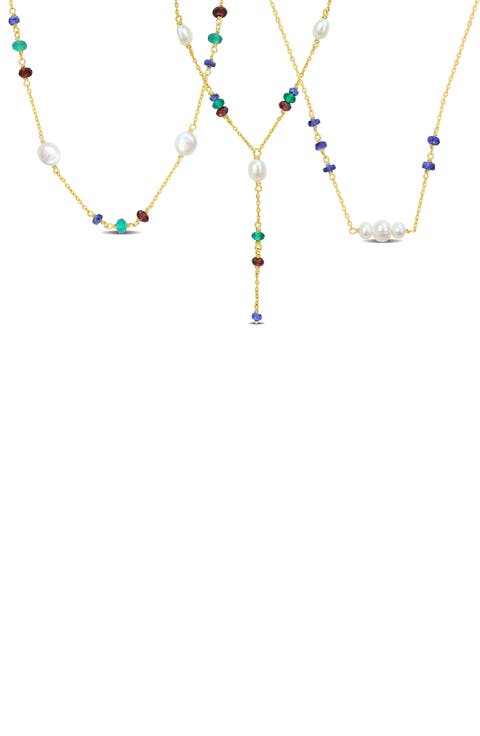 Set of 3 Cultured Pearl & Semiprecious Stone Beaded Necklaces