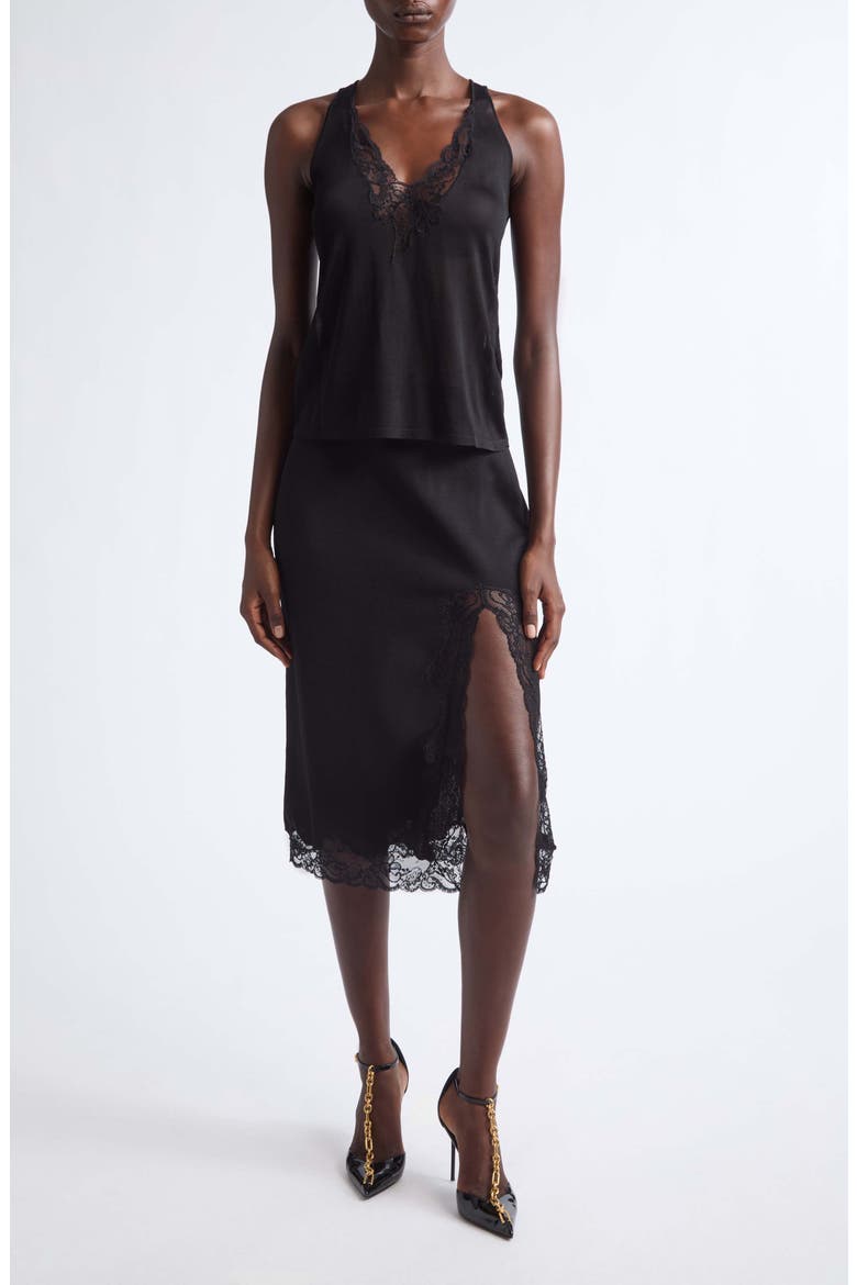 Lace Trim Knit Midi Skirt, Alternate, color, 0PA BLACK
