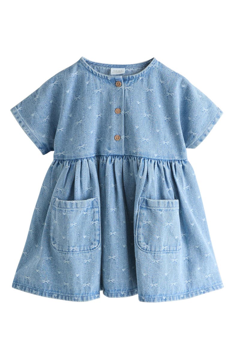 NEXT Kids' Bow Jacquard Denim Dress, Main, color, Blue