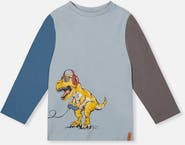 Deux par Deux Organic Cotton Crew Neck Dino Graphic Long Sleeve T-Shirt