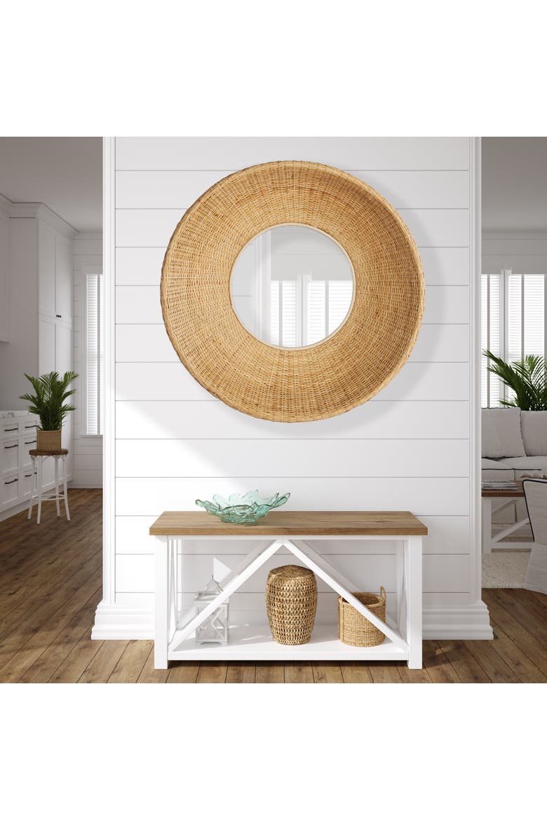 Shyla Natural Framed Round Decorative Wall Mirror, Alternate, color, Yellow