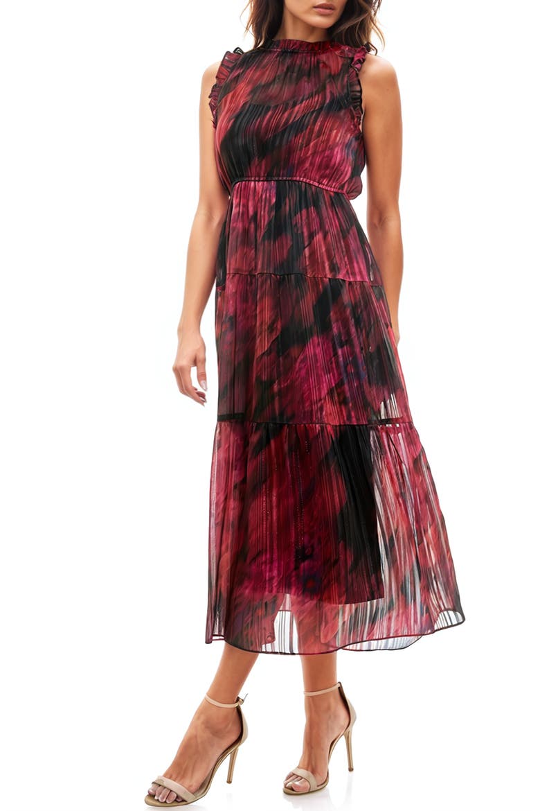 Chiffon Tiered Midi Dress, Alternate, color, BLACK BLURRED FLORAL