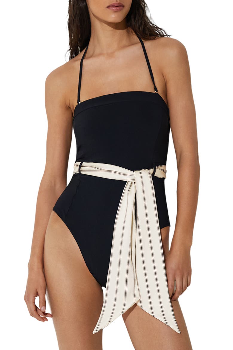 Etienne Belted Bandeau One-Piece Swimsuit, Main, color, BLACK PRINT