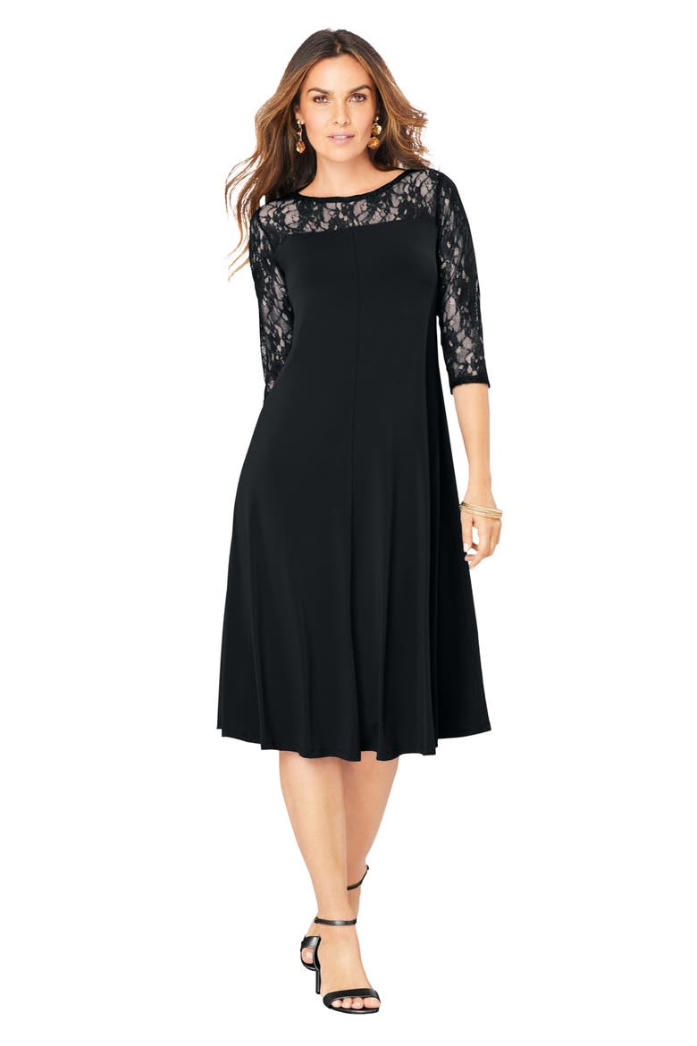 Plus Size 3/4 Sleeve Allover Lace Swing Dress, Main, color, BLACK