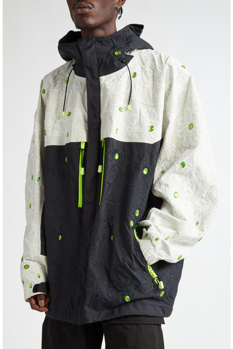Floral Embroidered Colorblock Hooded Jacket, Alternate, color, BLACK/ WHITE