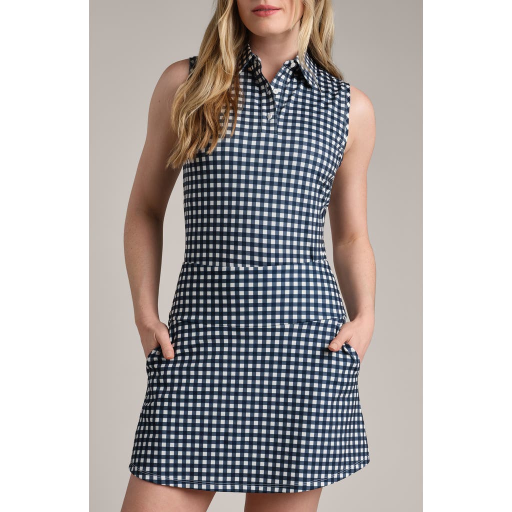 Rhone Court Gingham Sleeveless Polo In Navy Blue