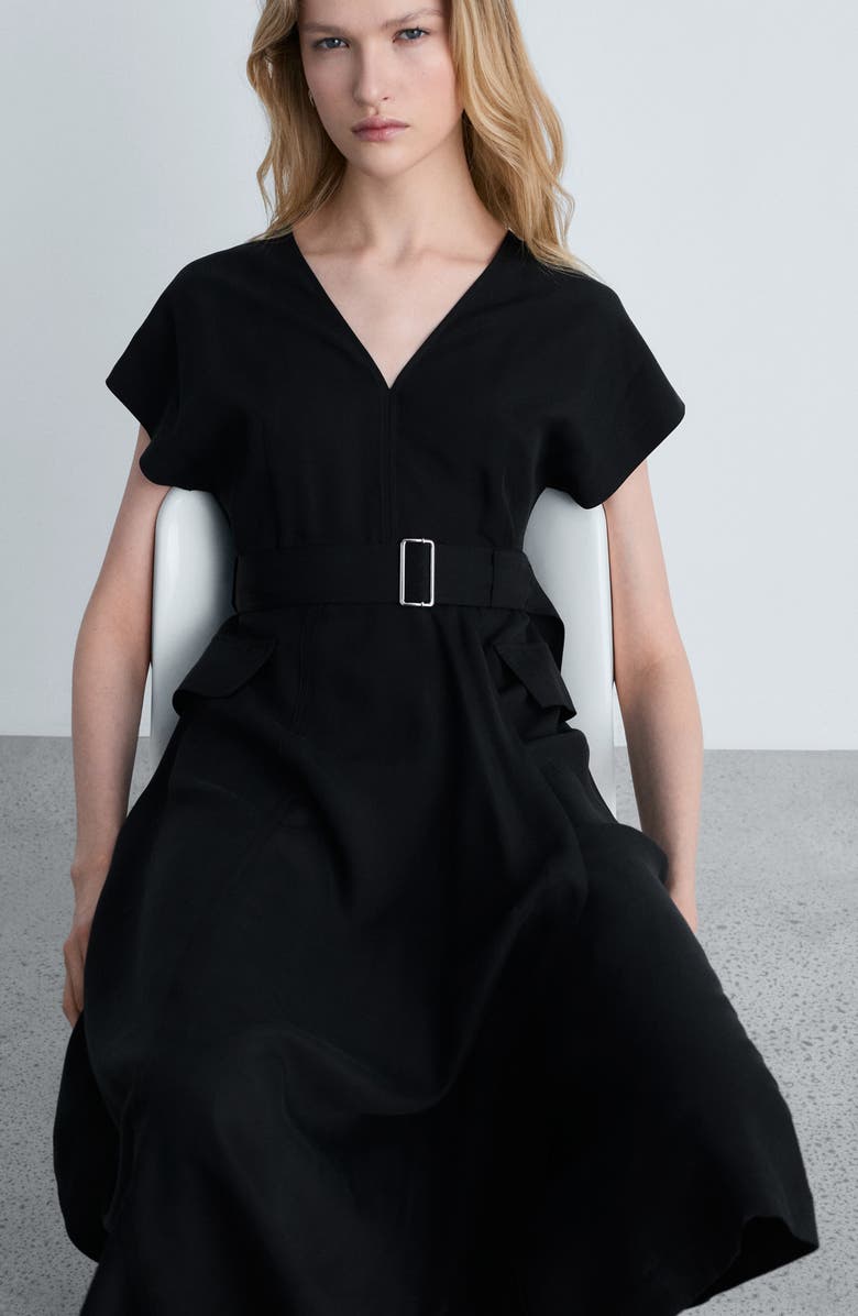 MANGO Belted Asymmetric Hem Midi Dress, Alternate, color, Black