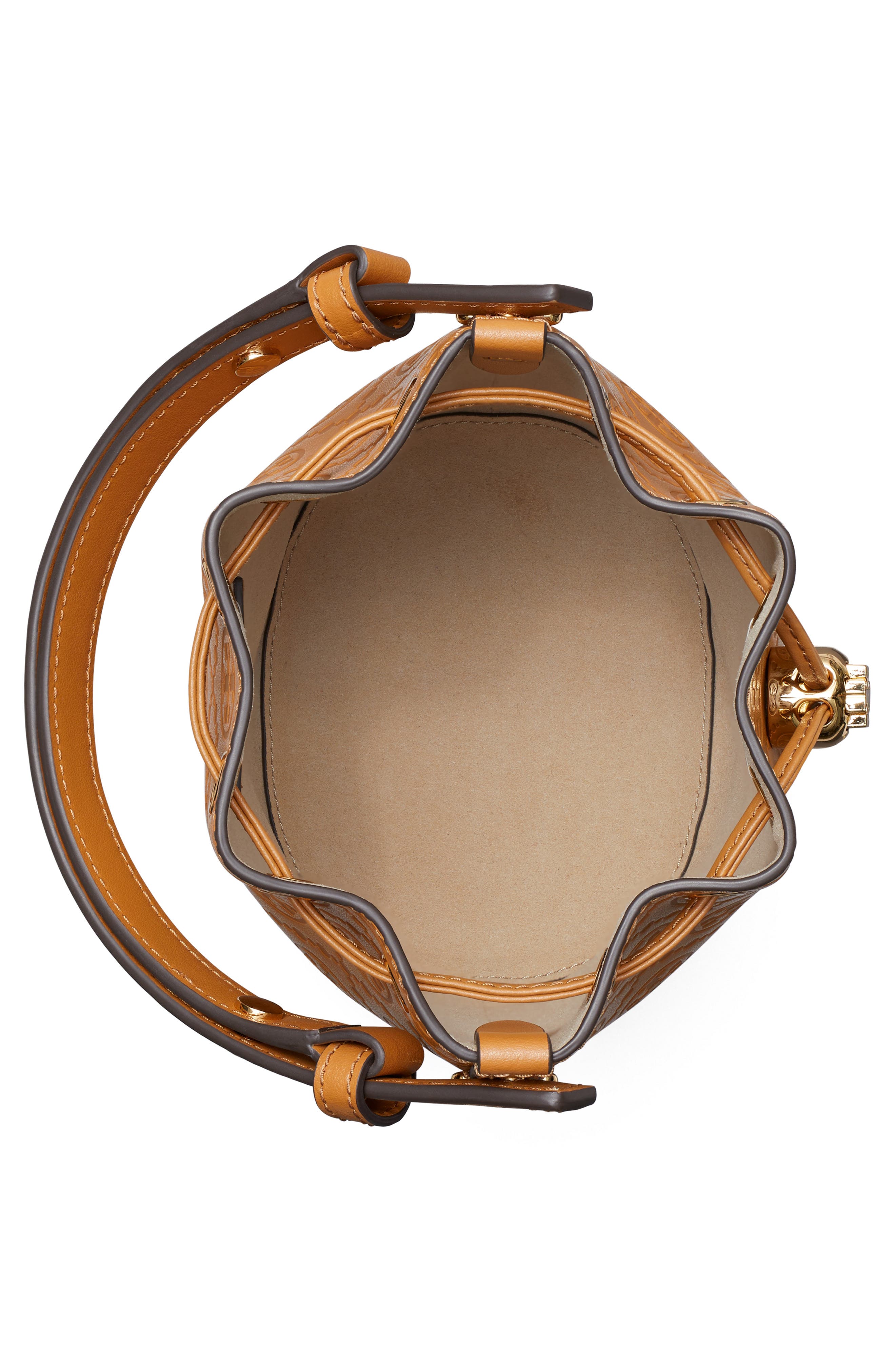 Tory Burch Mini T Monogram Debossed Bucket Bag, Alternate, color, Tan