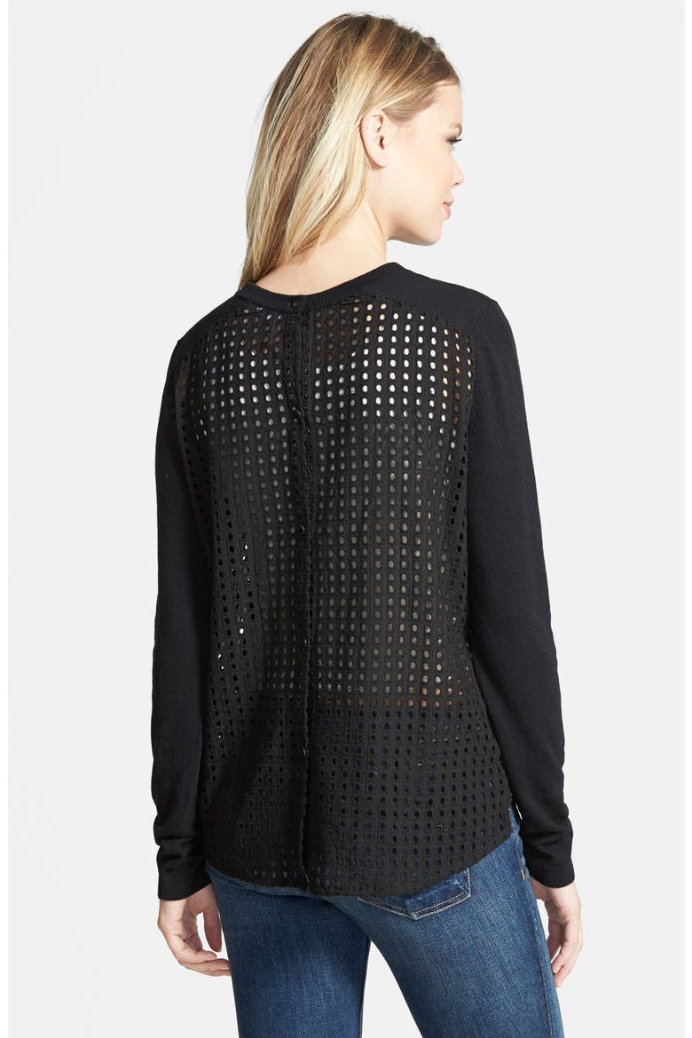 Mixed Media Eyelet Back Sweater, Alternate, color, BLACK