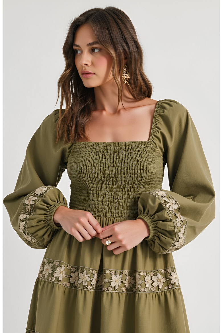 Smocked Bodice Maxi Dress with Lace Inset Tiers and Long Puff Sleeves, Alternate, color, Olive Green