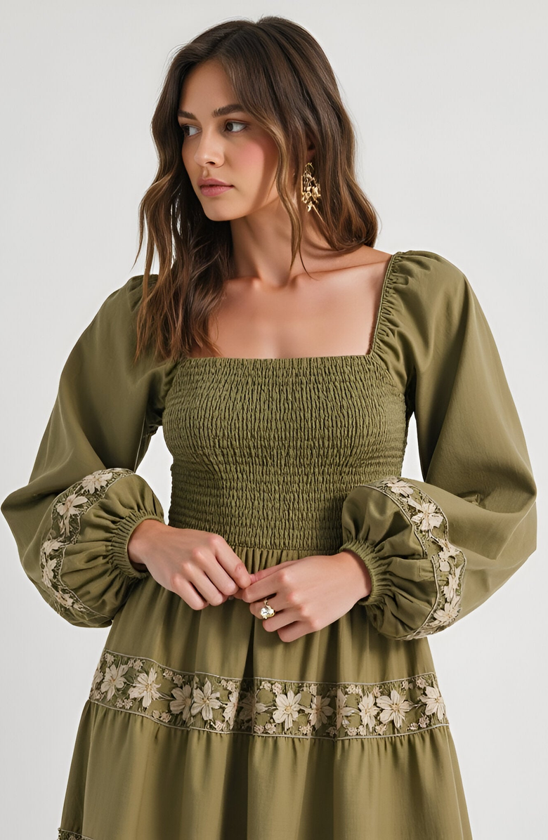 Modenaire Smocked Bodice Maxi Dress with Lace Inset Tiers and Long Puff Sleeves, Alternate, color,