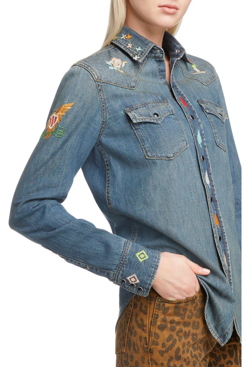Embroidered Western Denim Shirt, Alternate, color, RUSTY BLUE