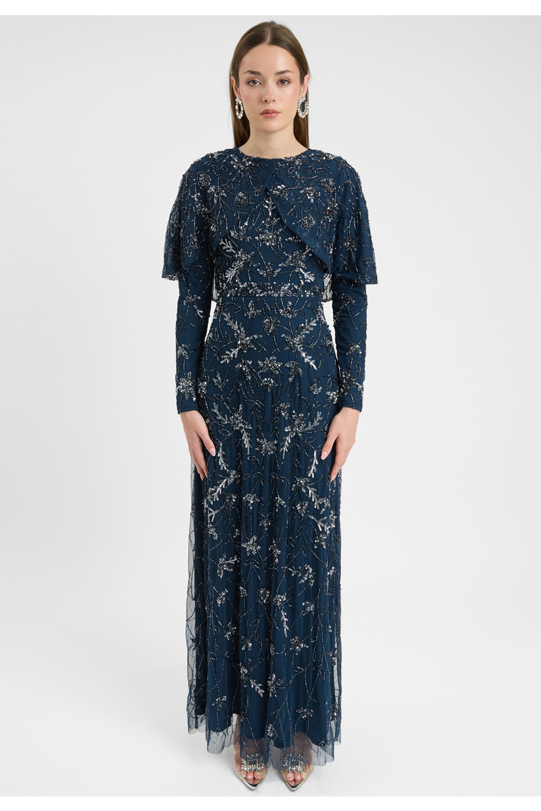 Modest Embellished Sequin Beaded Dress Maxi With Attacehd Cape, Main, color, NAVY