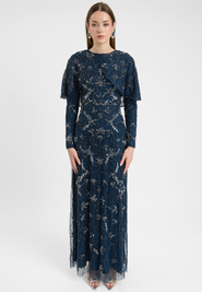 MARYISA Modest Embellished Sequin Beaded Dress Maxi With Attacehd Cape