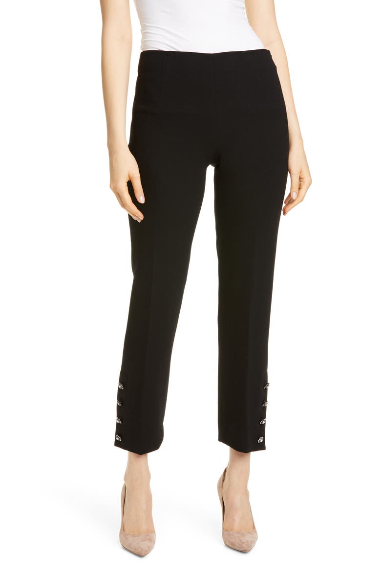 Crystal Button Cuff Wool Blend Pants, Main, color, BLACK