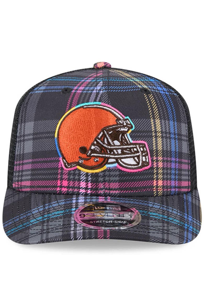 Men's New Era Black Cleveland Browns 2024 NFL Crucial Catch Plaid 9SEVENTY Trucker Snapback Hat, Alternate, color, Black