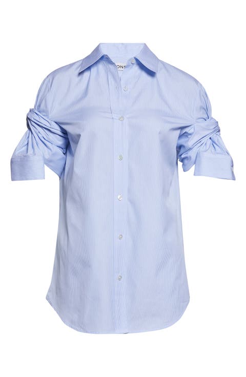 Knotted Sleeve Stripe Cotton Poplin Button-Down Shirt