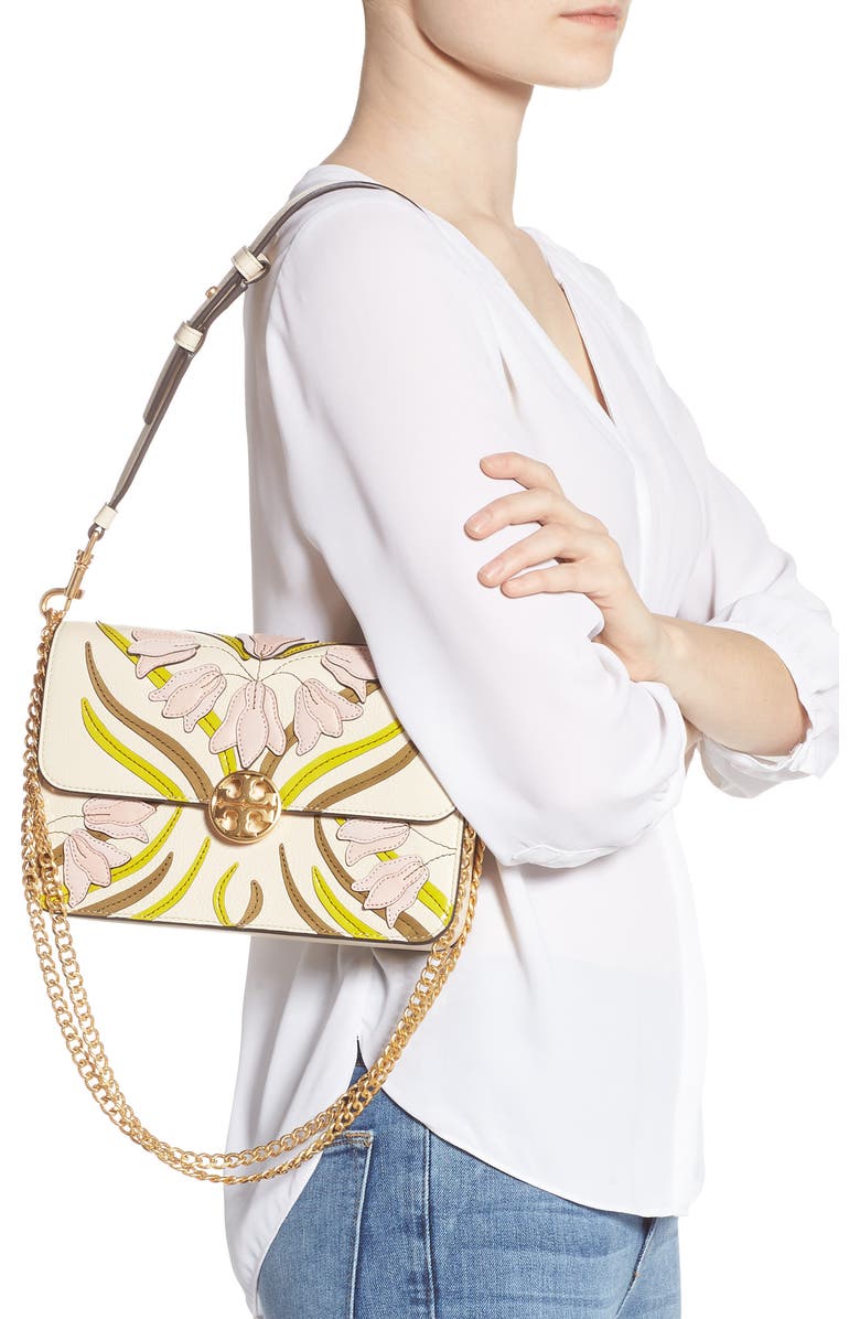 Tory Burch Chelsea Floral Appliqué Leather Shoulder Bag, Alternate, color,