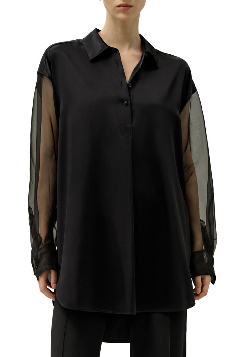 Women's Silk Blouse with Organza Sleeves, Main, color, Black
