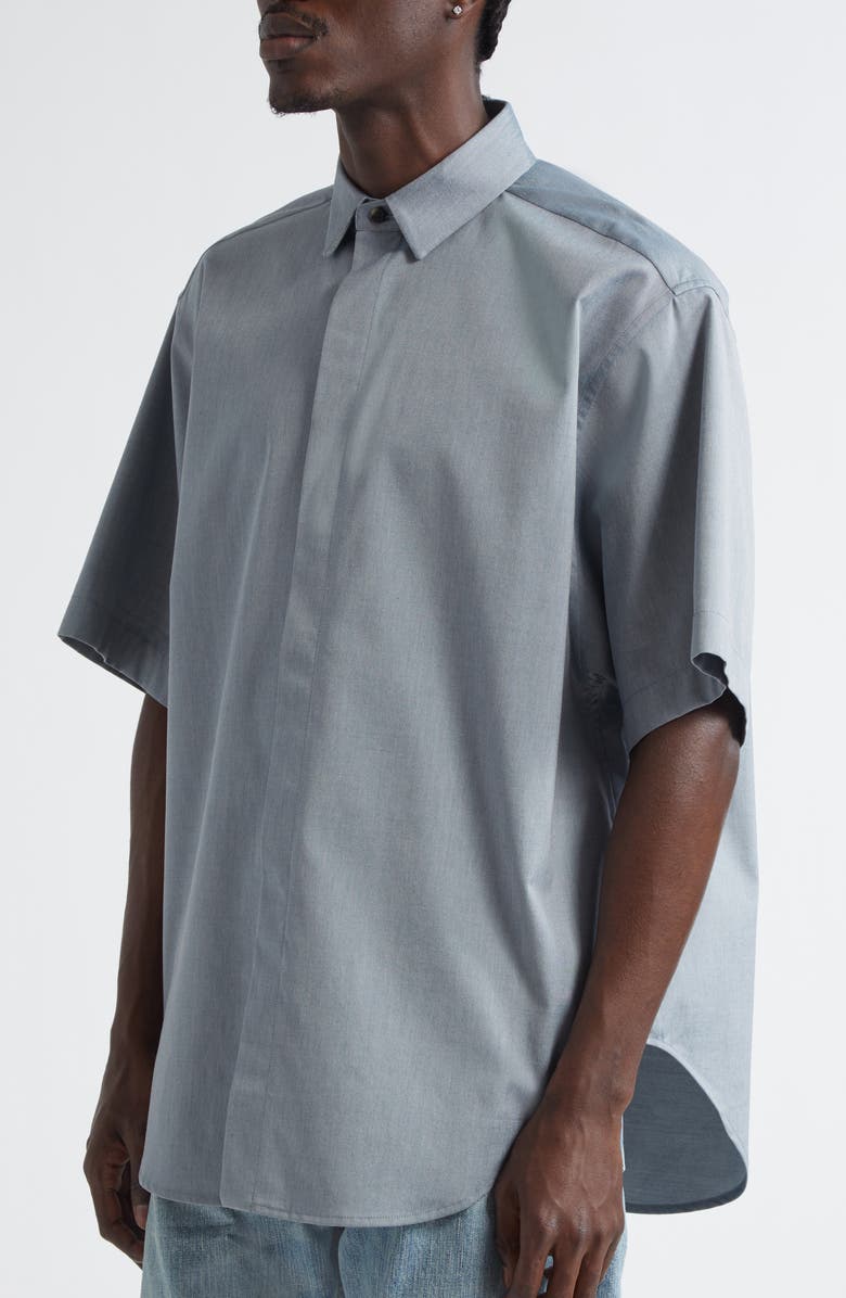 Fear of God Short Sleeve Cotton & Wool Stretch Oxford Button-Up Shirt, Alternate, color, Melange Slate