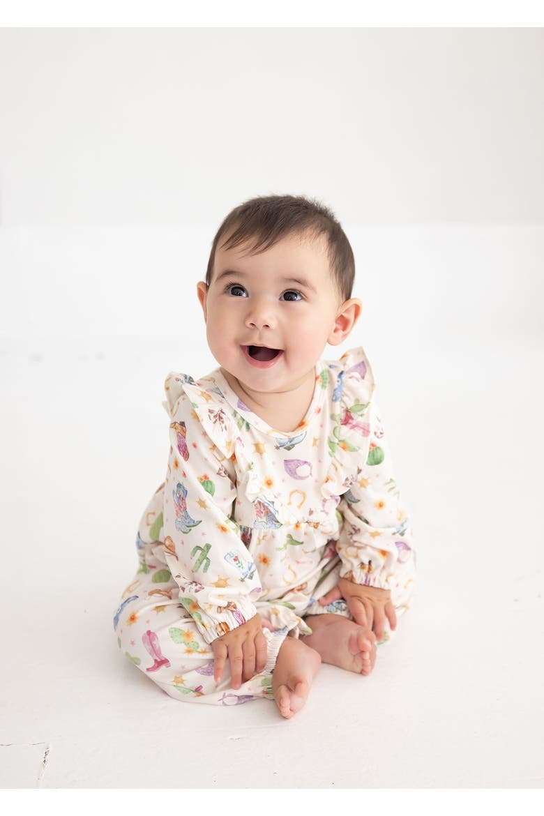 Cactus Kisses Long Sleeve Print Ruffle Neck Bubble Romper, Main, color, Blue