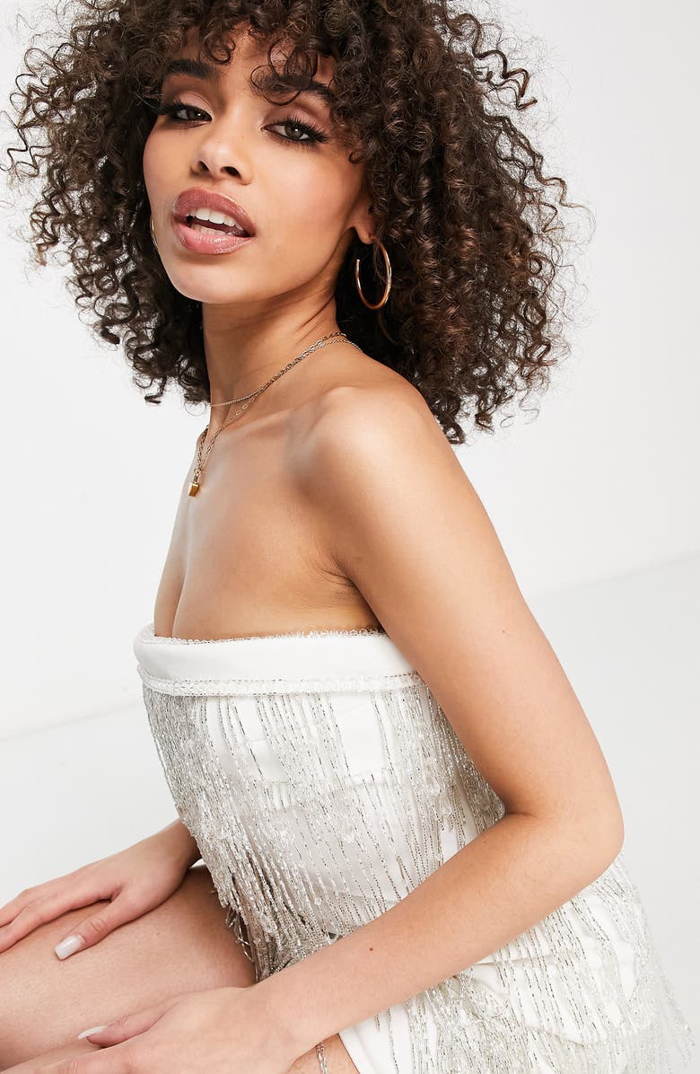ASOS DESIGN Strapless Fringe Minidress, Alternate, color, 