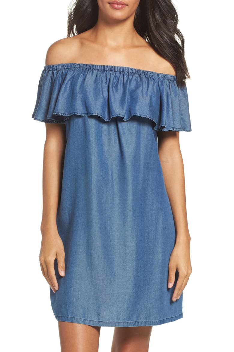 Off the Shoulder Chambray Cover-Up Dress, Main, color, CHAMBRAY