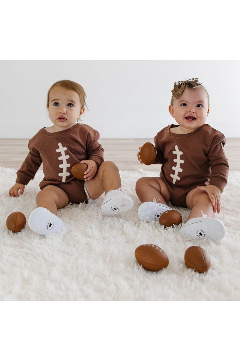 Football Lace Patch Long Sleeve Romper, Alternate, color, Brown