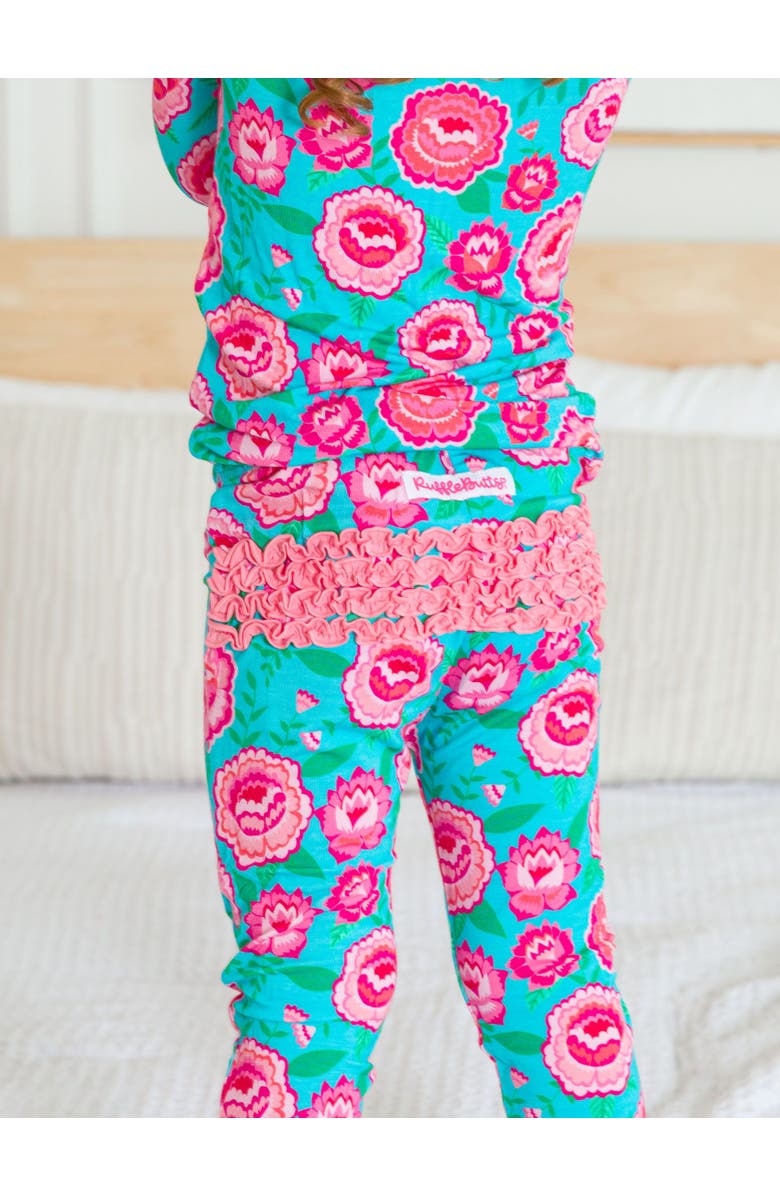 RuffleButts SoftSnooze Ruffle Long Sleeve Pajama Set, Signature Rear Ruffles, Alternate, color, Bright Blossoms