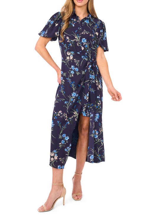 Floral Print Puff Sleeve Tie Waist Midi Dress