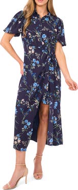 CeCe Floral Print Puff Sleeve Tie Waist Midi Dress