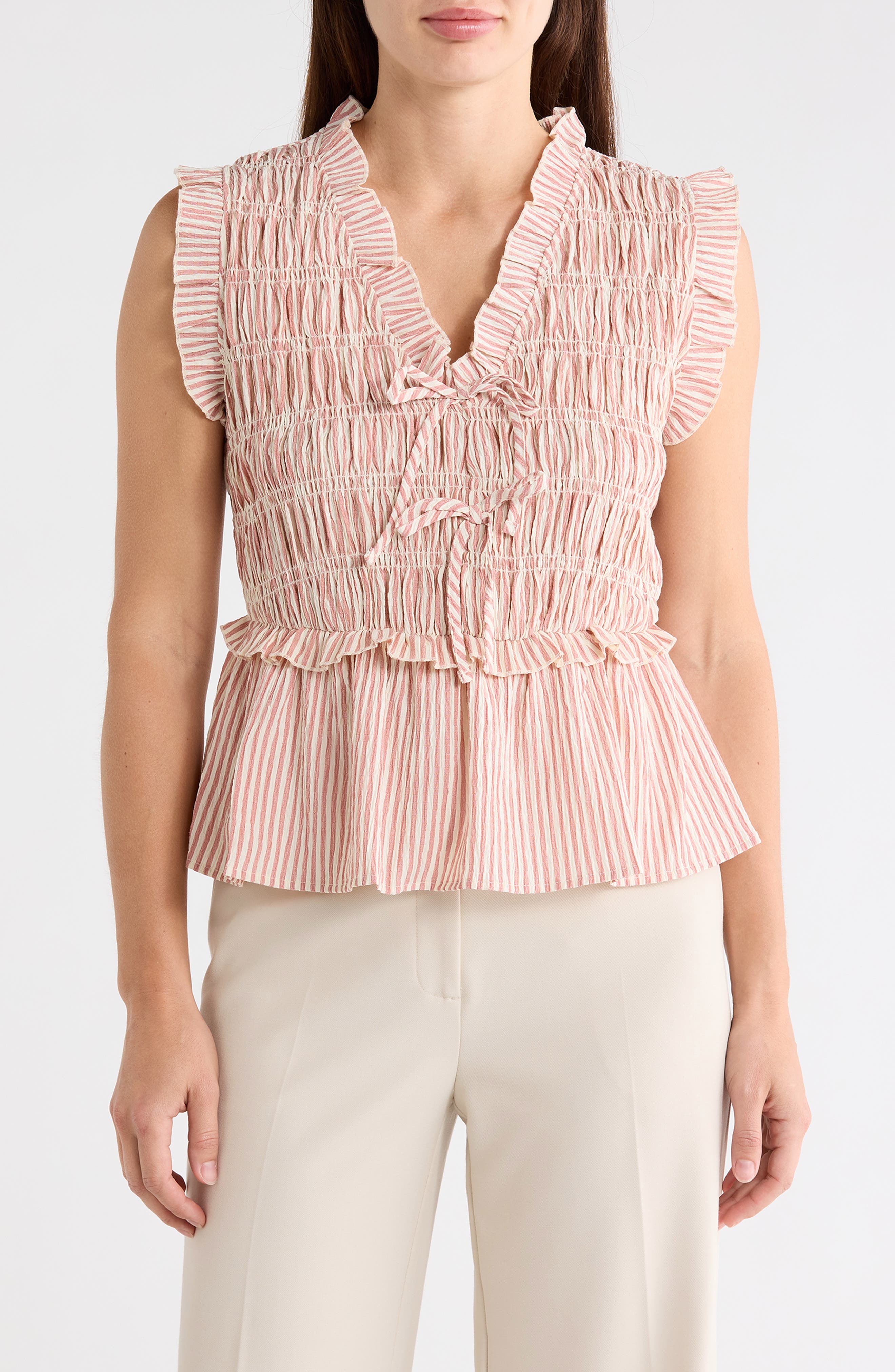 Stripe Smocked Peplum Seersucker Top - image 3