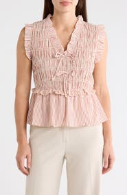 CHENAULT Stripe Smocked Peplum Seersucker Top