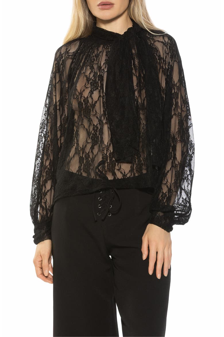 Rae Lace Top with Neck Tie, Main, color, BLACK
