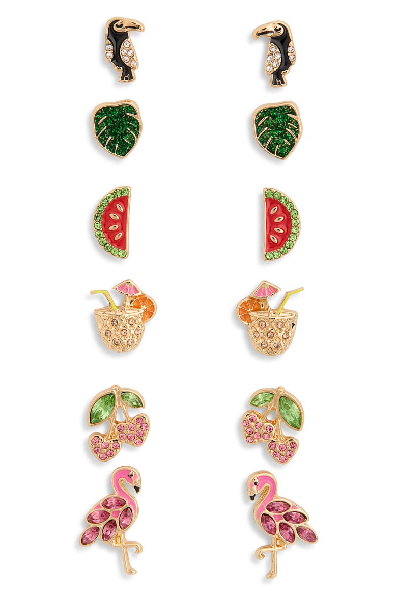 Set of 6 Fruit Stud Earrings, Main, color, PINK MULTI- GOLD