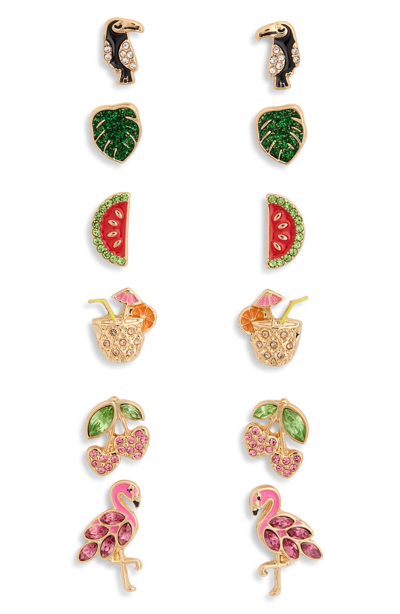 Leith Set of 6 Fruit Stud Earrings, Main, color, Pink Multi- Gold