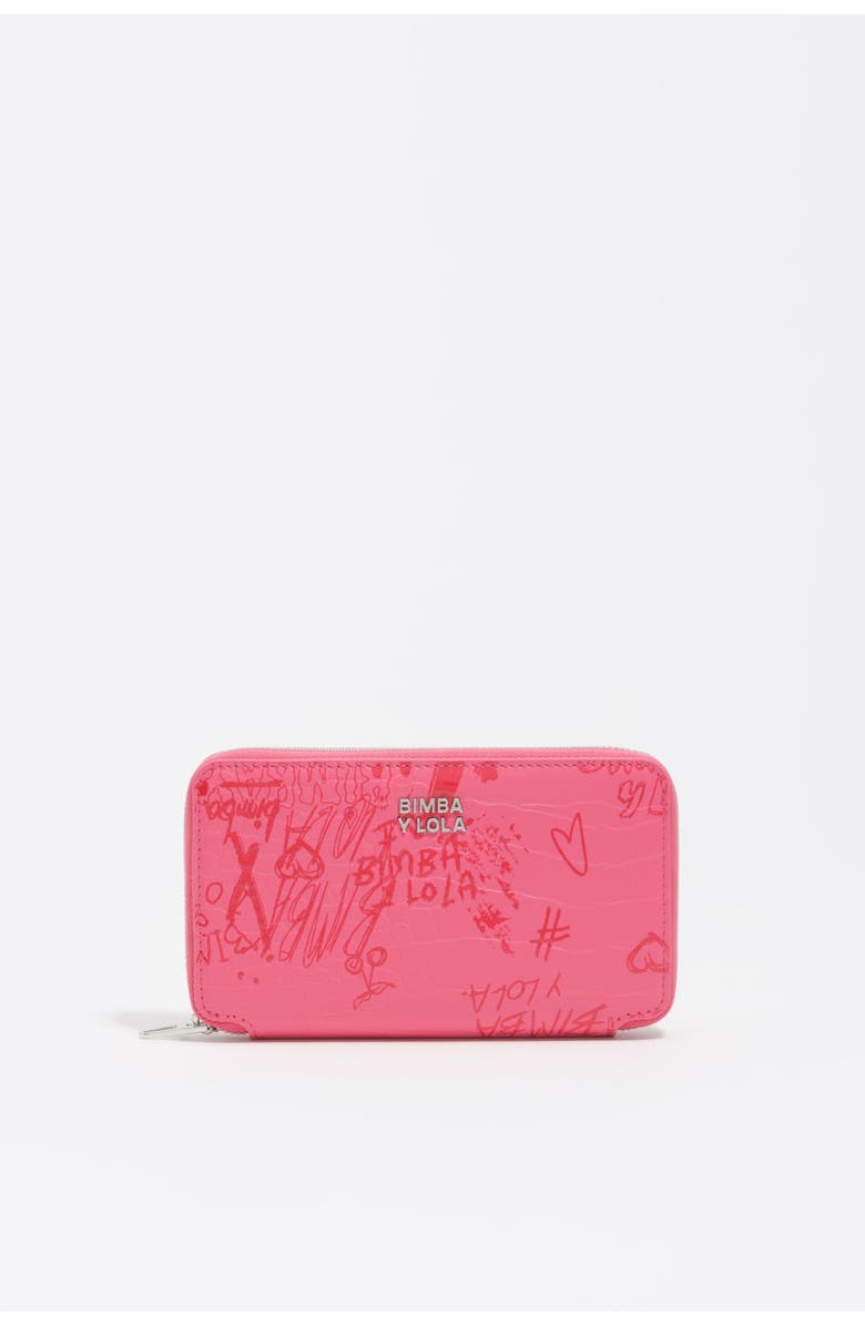 Bimba y Lola Medium Shiny Textured Bimba Logos Print Horizontal Wallet, Main, color, Bimba Logos Pink Berry