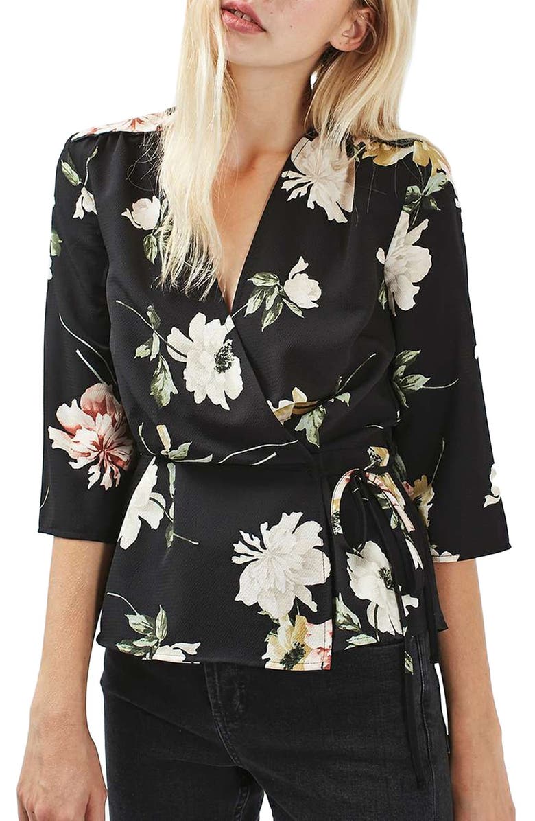 Topshop Floral Wrap Blouse, Main, color,