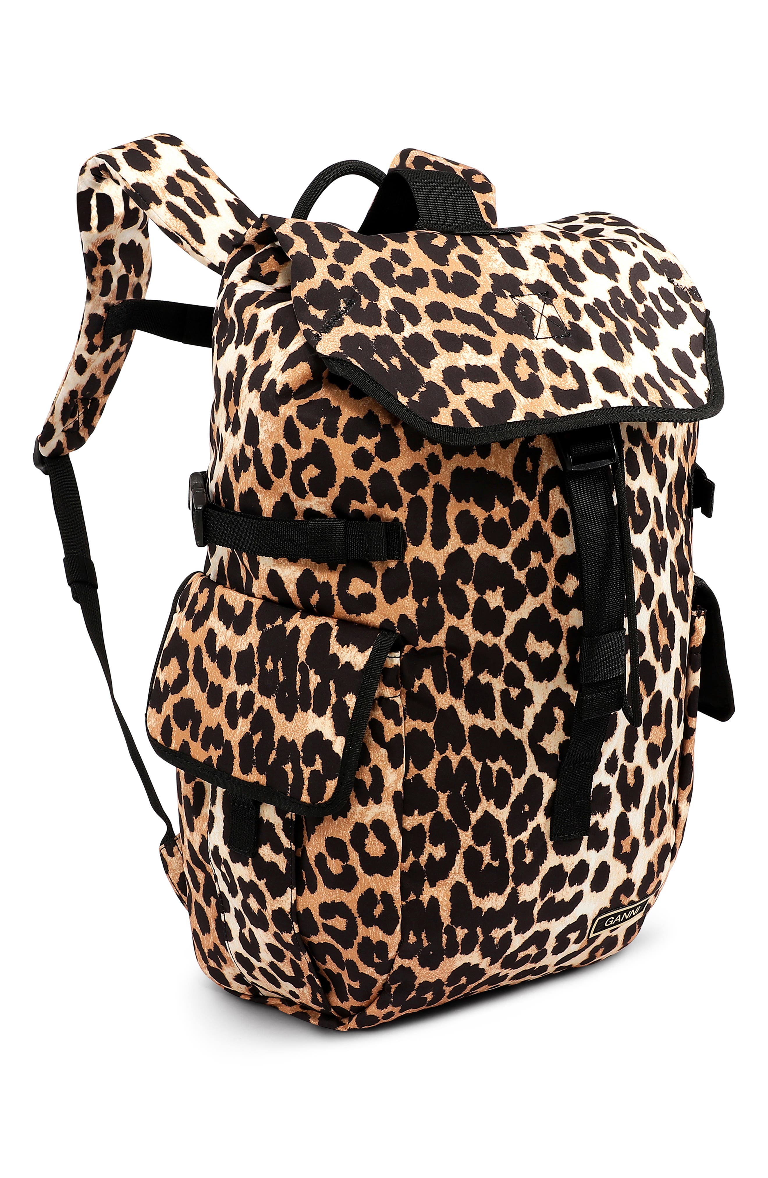 Ganni Leopard Print Recycled Tech Fabric Backpack, Main, color, 