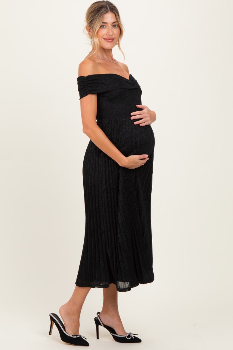 Shimmer Off Shoulder Pleated Midi Dress, Alternate, color, Black