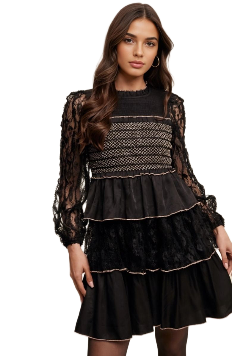Knit and Lounge Lace Tiered Smocked Chest Bell Mini Dress, Alternate, color, Black