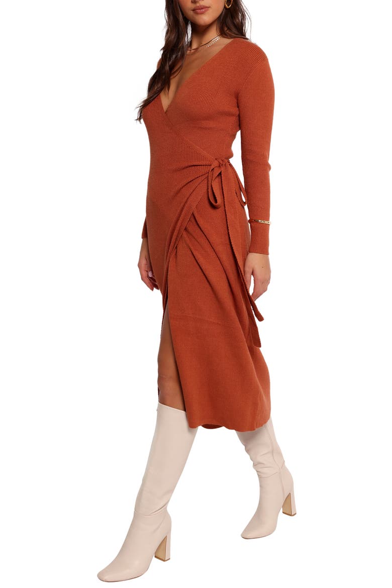 Kellan Long Sleeve Wrap Midi Dress, Alternate, color, BRONZE