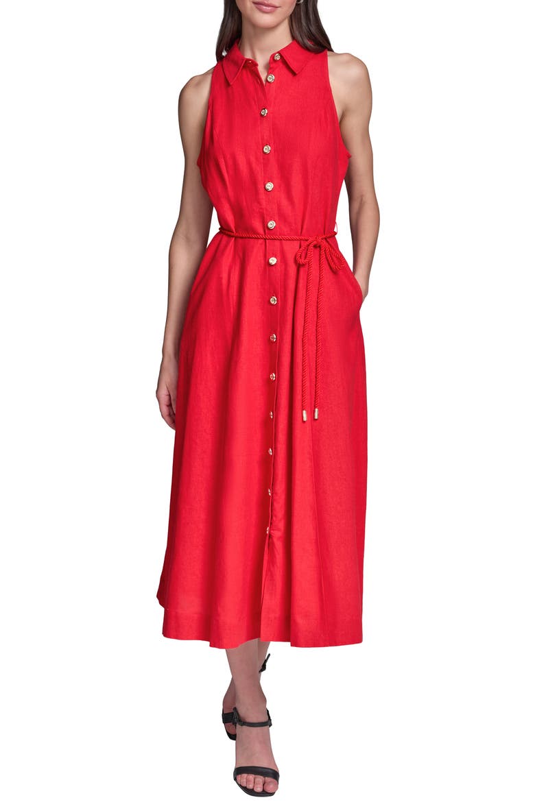 Rope Belt Linen Shirt Dress, Main, color, TOMATO
