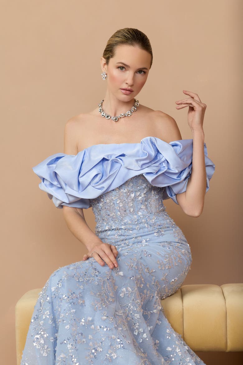 Beaded Applique Off The Shoulder Mermaid Gown, Alternate, color, Periwinkle