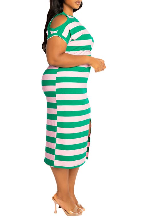 Buxom Couture Stripe Cold Shoulder Gathered Waist Jersey Midi Dress In Green
